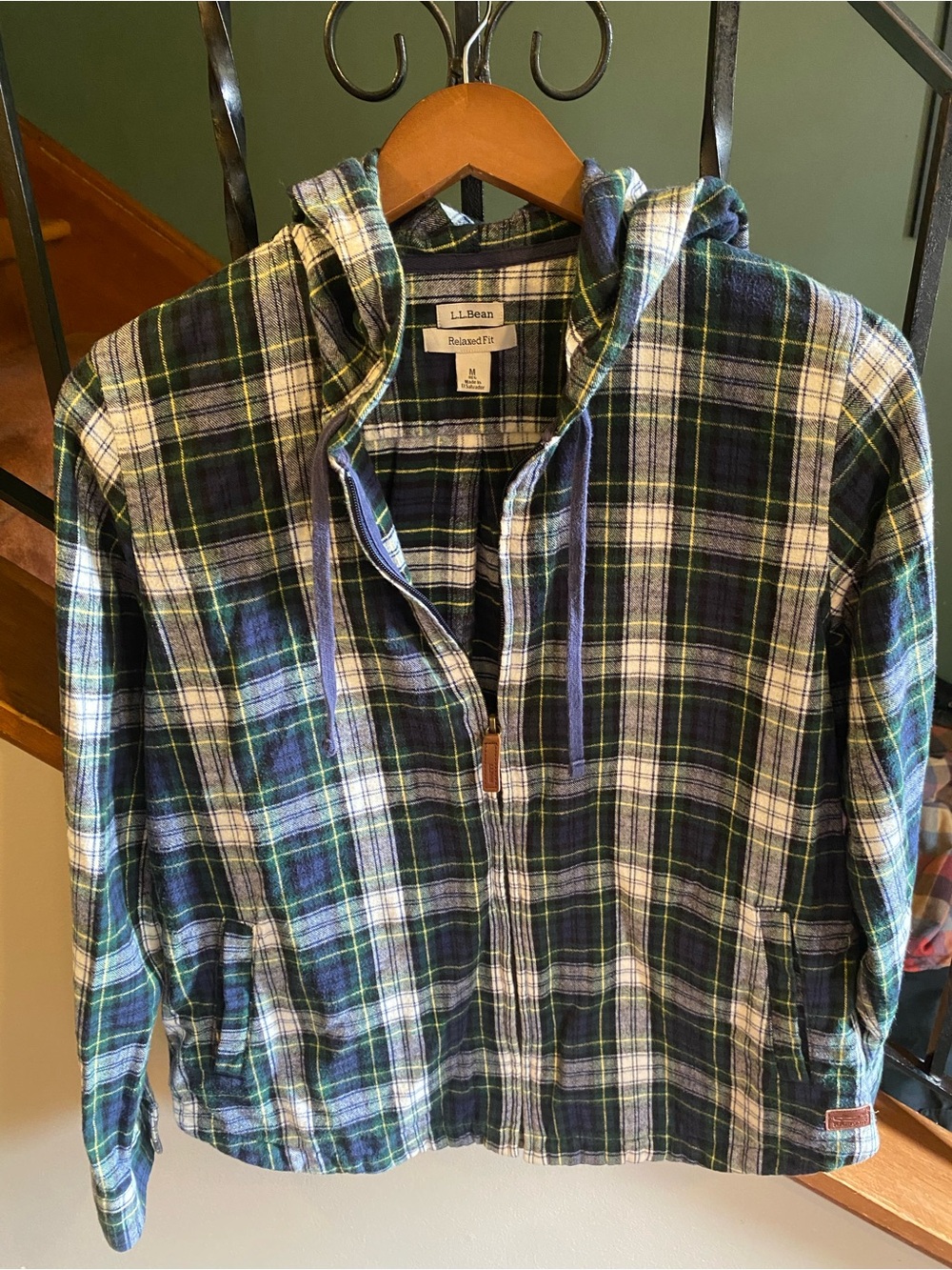 L.L.Bean Navy, Green & White Plaid Relaxed-Fit Hoodie